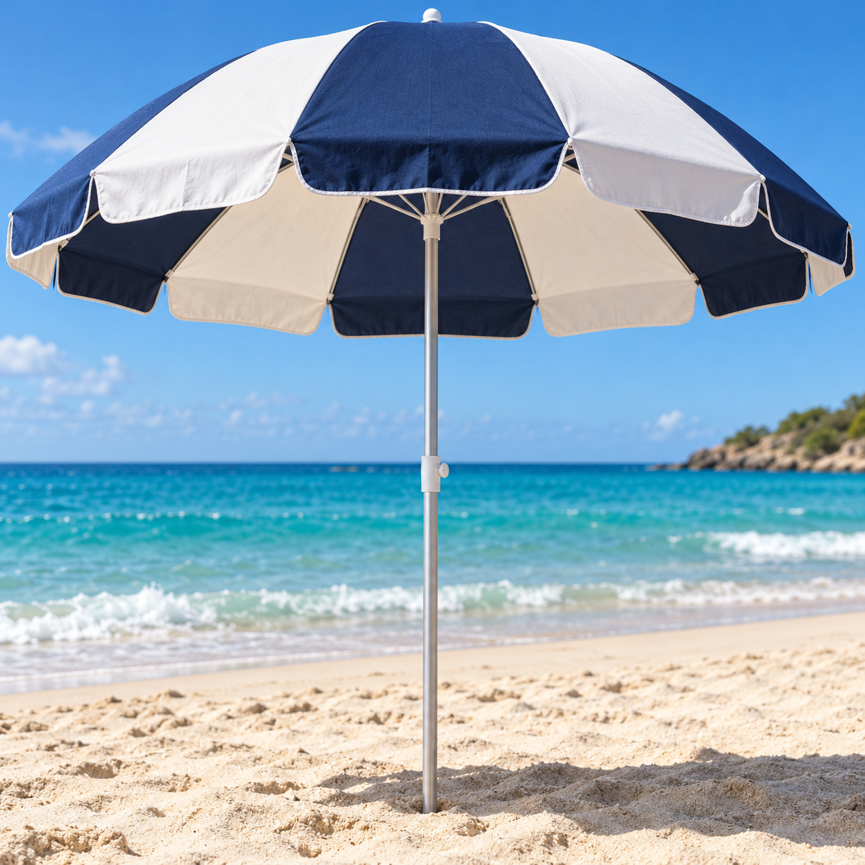 Illustration of a blue and white beach umbrella beside the sea