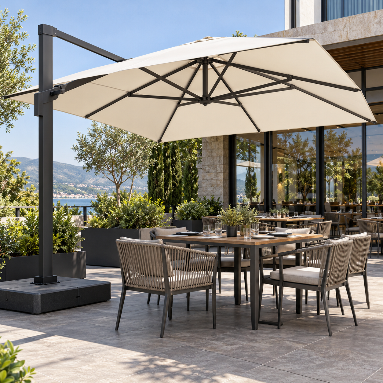 Illustration of a large ivory cantilever umbrella shading a restaurant terrace