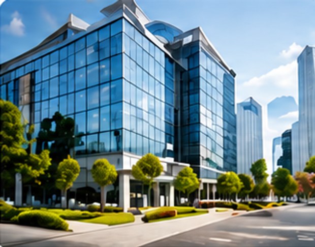 Modern office buildings beside a tree-lined road