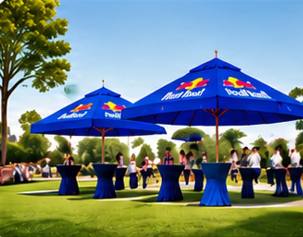 Branded blue umbrellas at an outdoor event