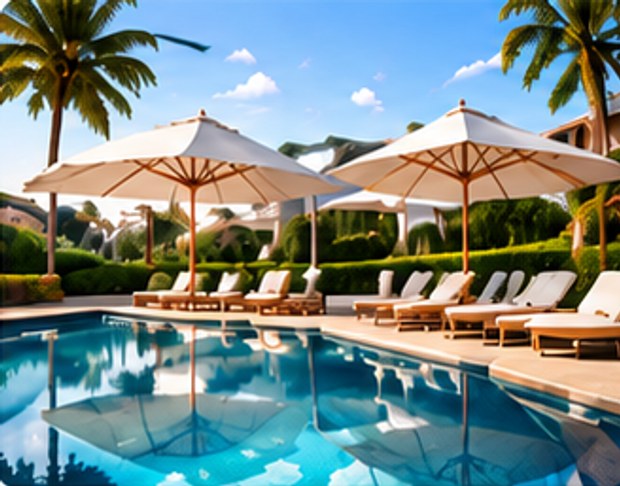 Poolside umbrellas at a tropical resort