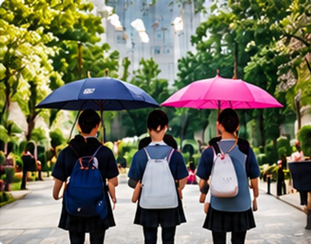 Students carrying colorful umbrellas